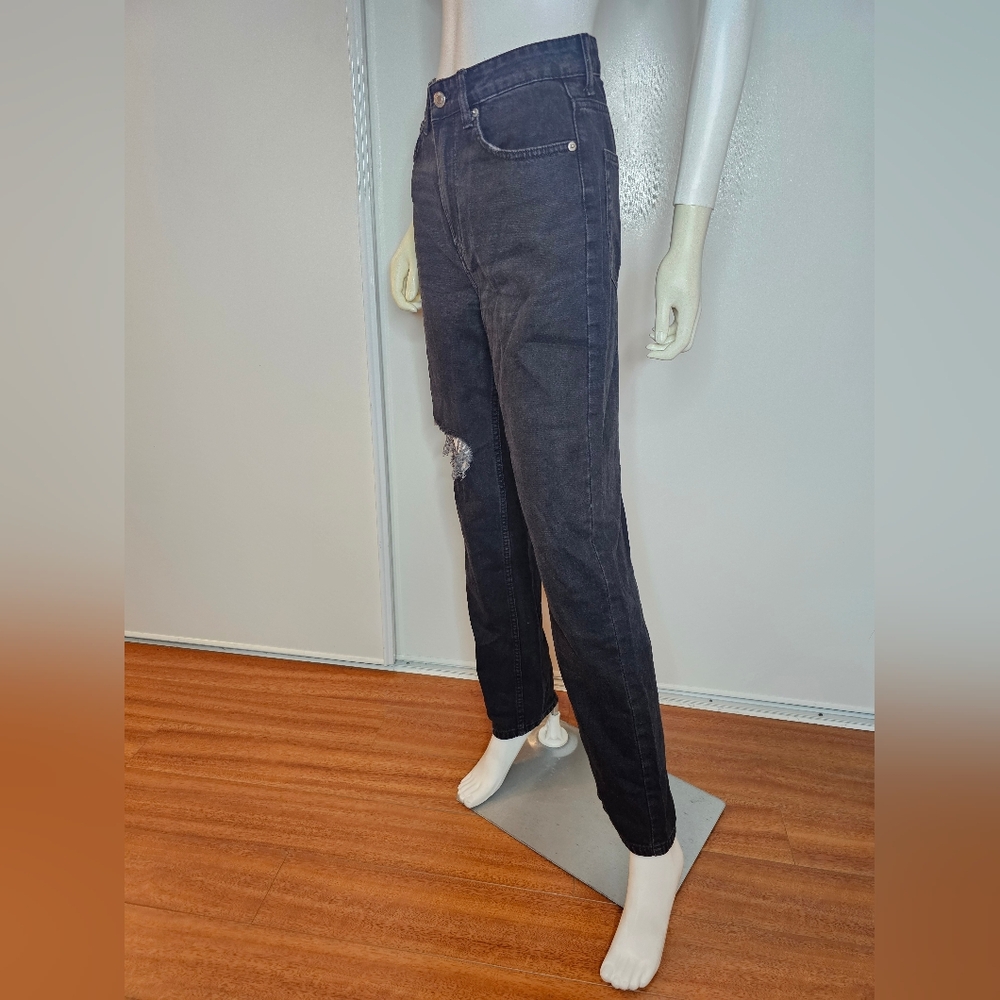 &Denim Black Distressed Highwaist Jeans 90s Straight Droit 100% Cotton Size 4 - Picture 3 of 7